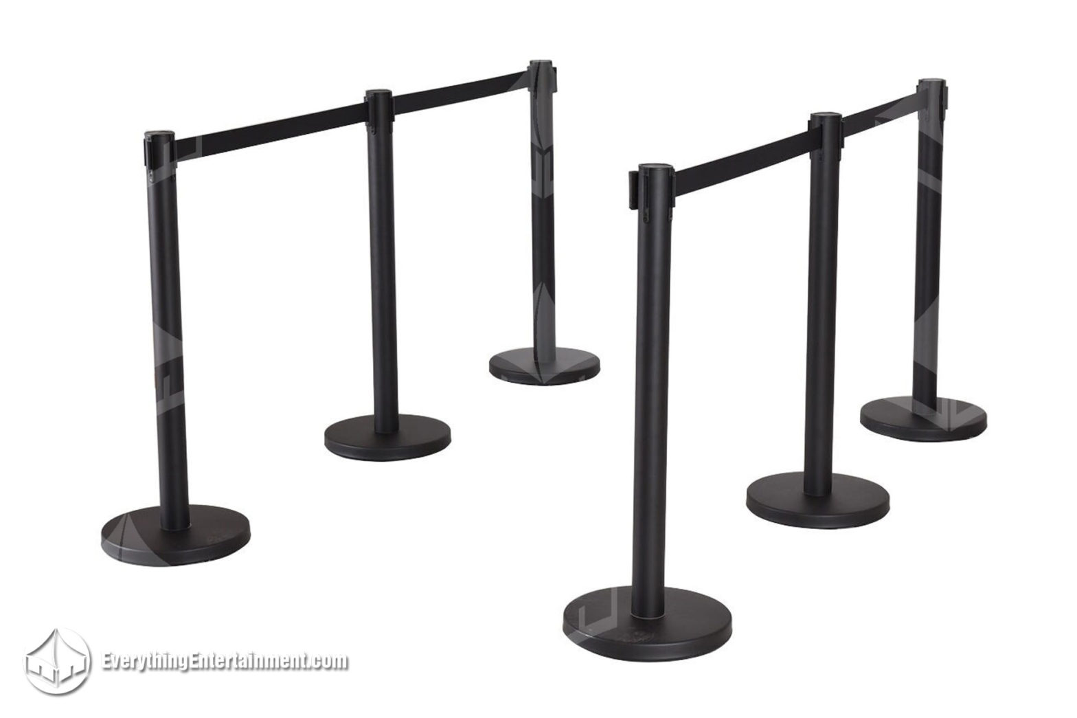 six black retractable belt stanchions on a white background