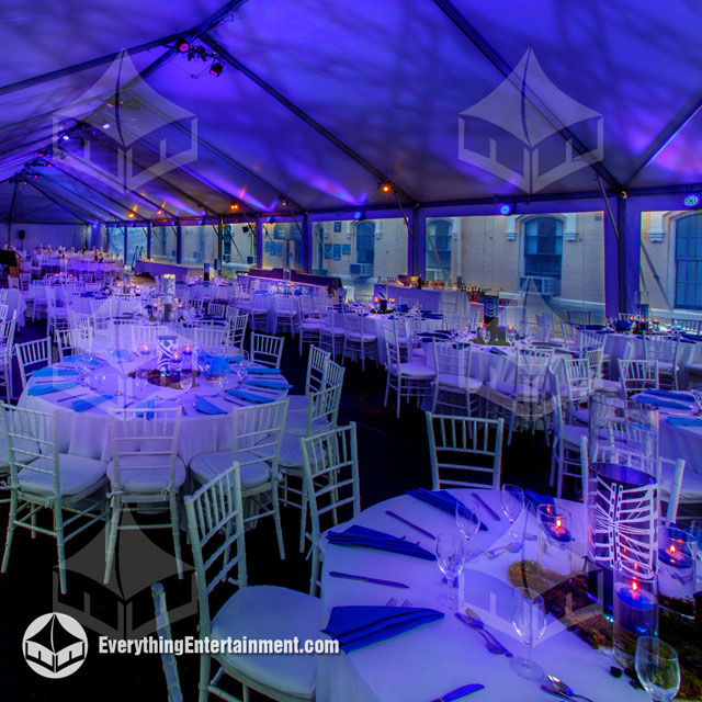 40x90 foot tent with blue lighting and gobo projections