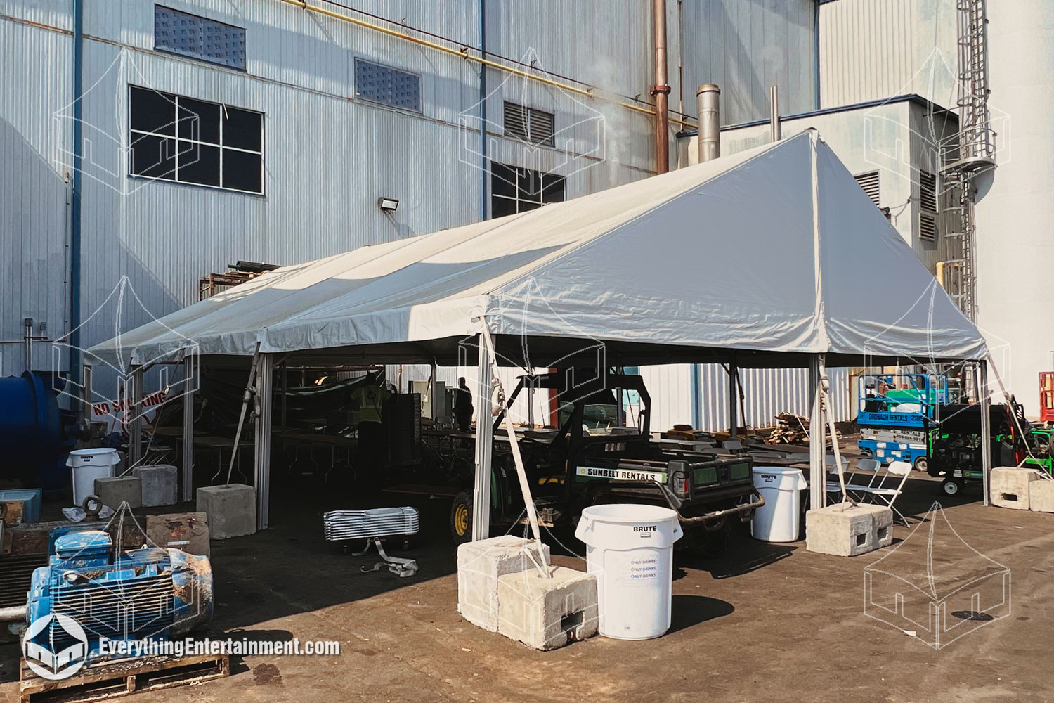 tent installed for extra warehouse space at construction site