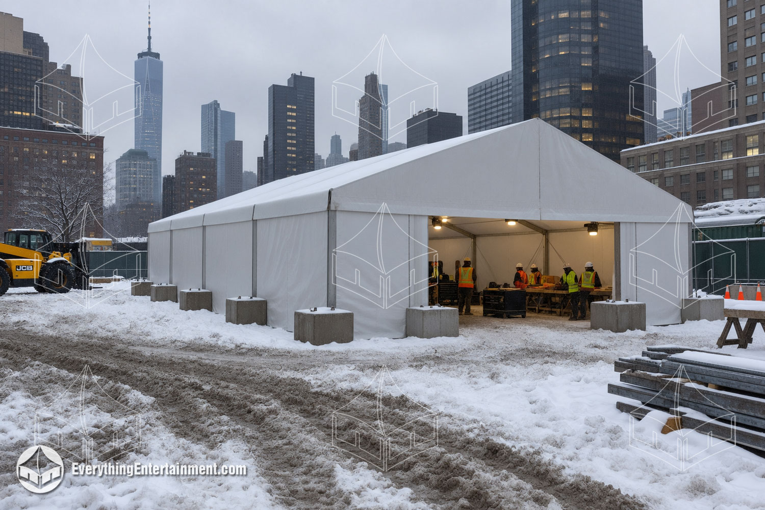 Crew working inside a heated white frame tent used as a winter work area on a snow-covered New York City construction site, with a front loader outside and the Manhattan skyline behind