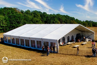 A clearspan tent in an open field in Hempstead, NY