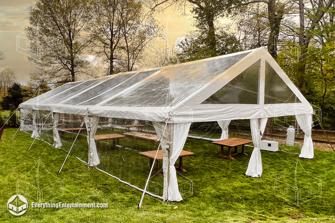 An octagon tent setup on grass with blue sky