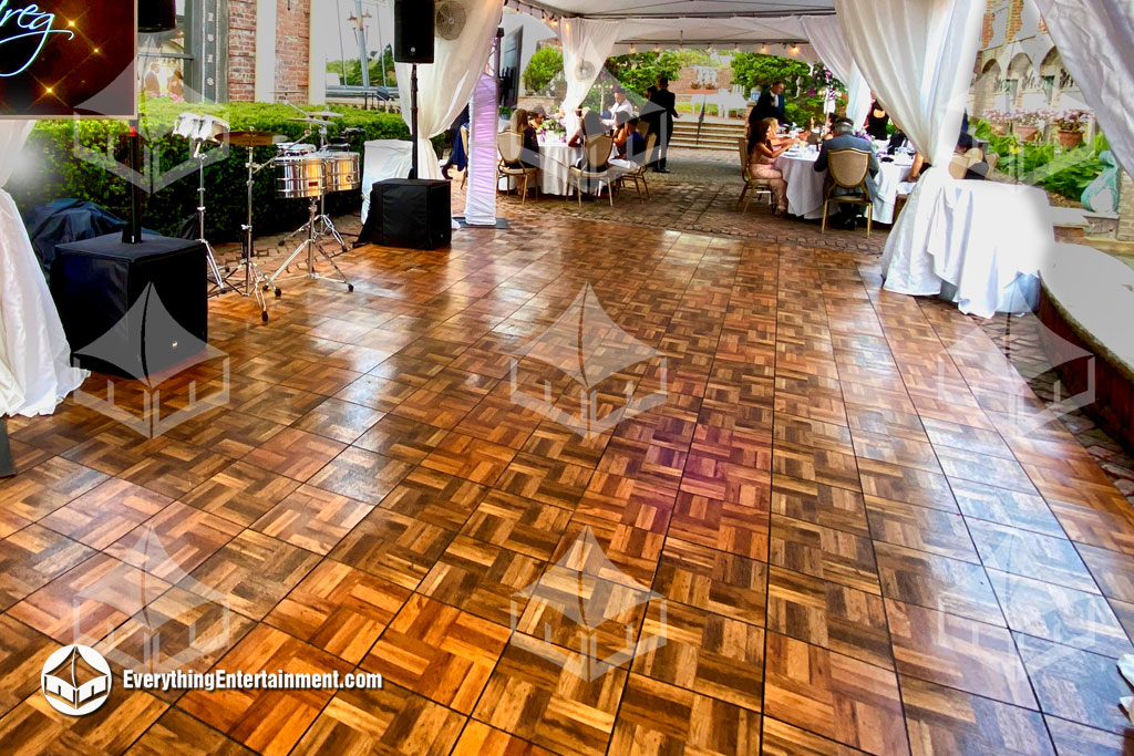 large parquet wood dance floor rental under tent