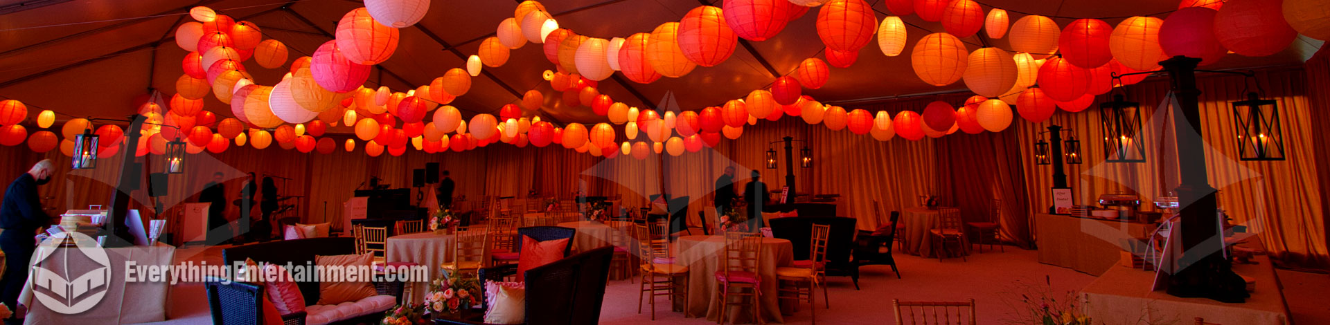 50x75-foot tent with colorful paper lanterns
