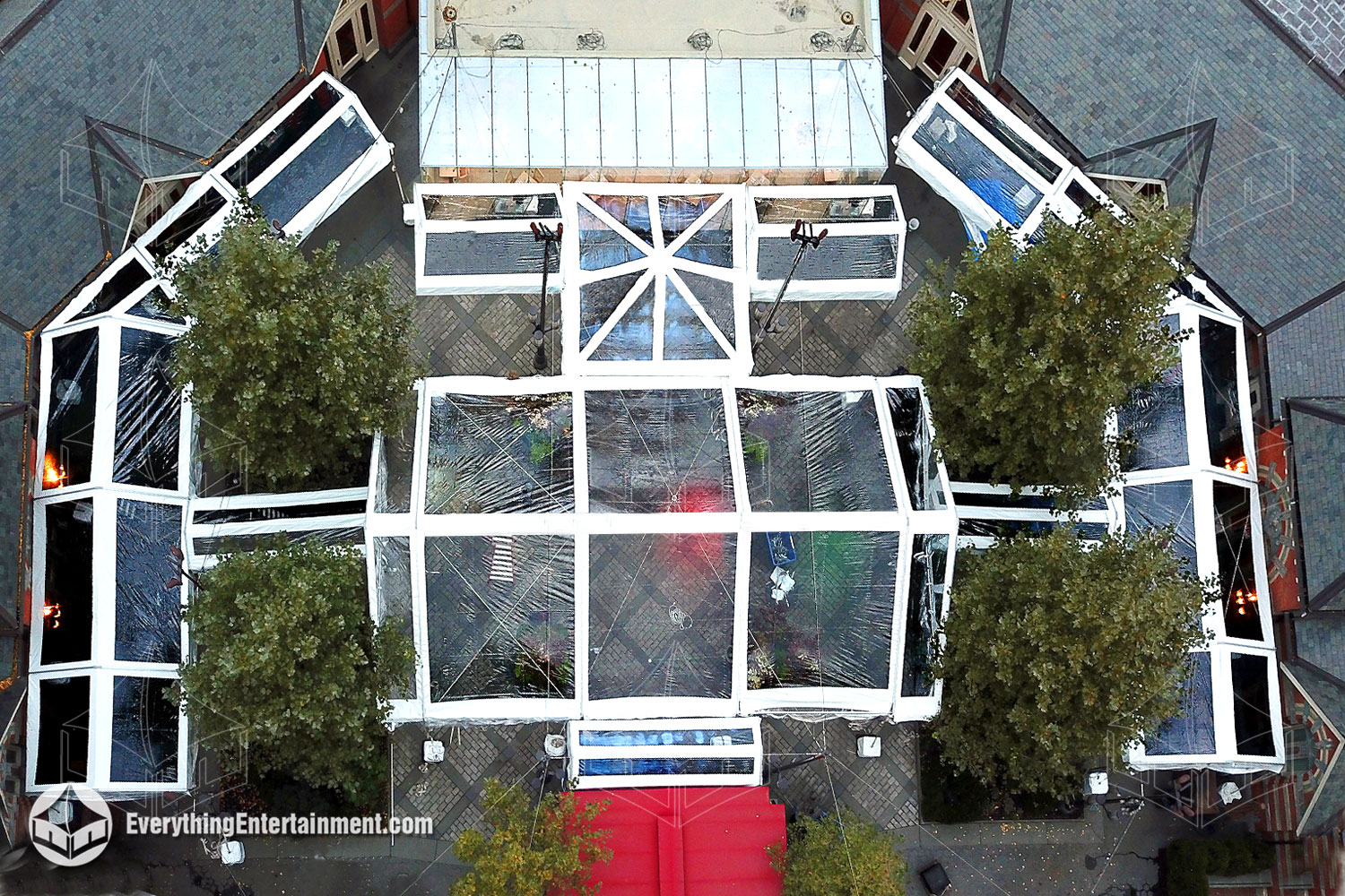 Aerial view of multiple rental tents precisely measured and installed in the courtyard at Tavern on the Green in NYC