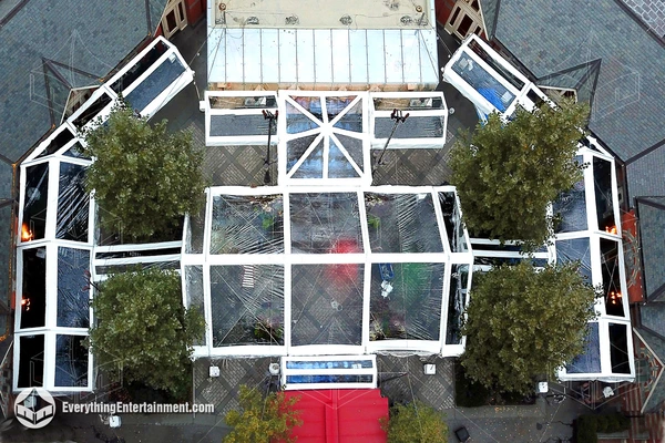 Aerial view of multiple rental tents precisely measured and installed in the courtyard at Tavern on the Green in NYC