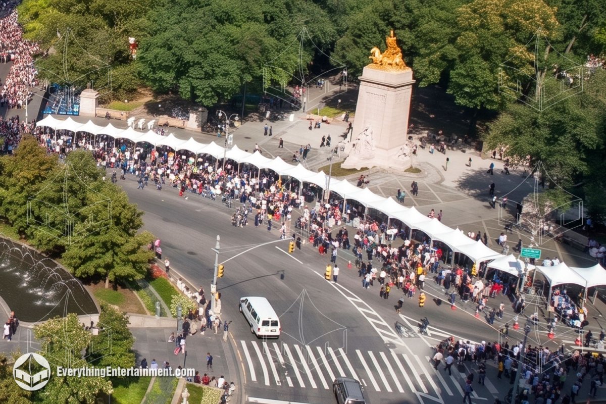 Aerial view of over 1/4 mile of continuous white high-peak frame tents installed by Everything Entertainment along Central Park South for Papal visit security checkpoints in NYC.