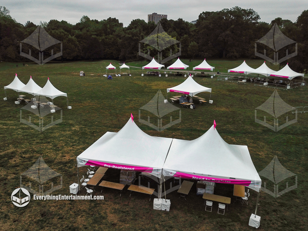 High peak tents set up in Prospect Park for a festival, surrounded by trees and participants, creating a welcoming event space.
