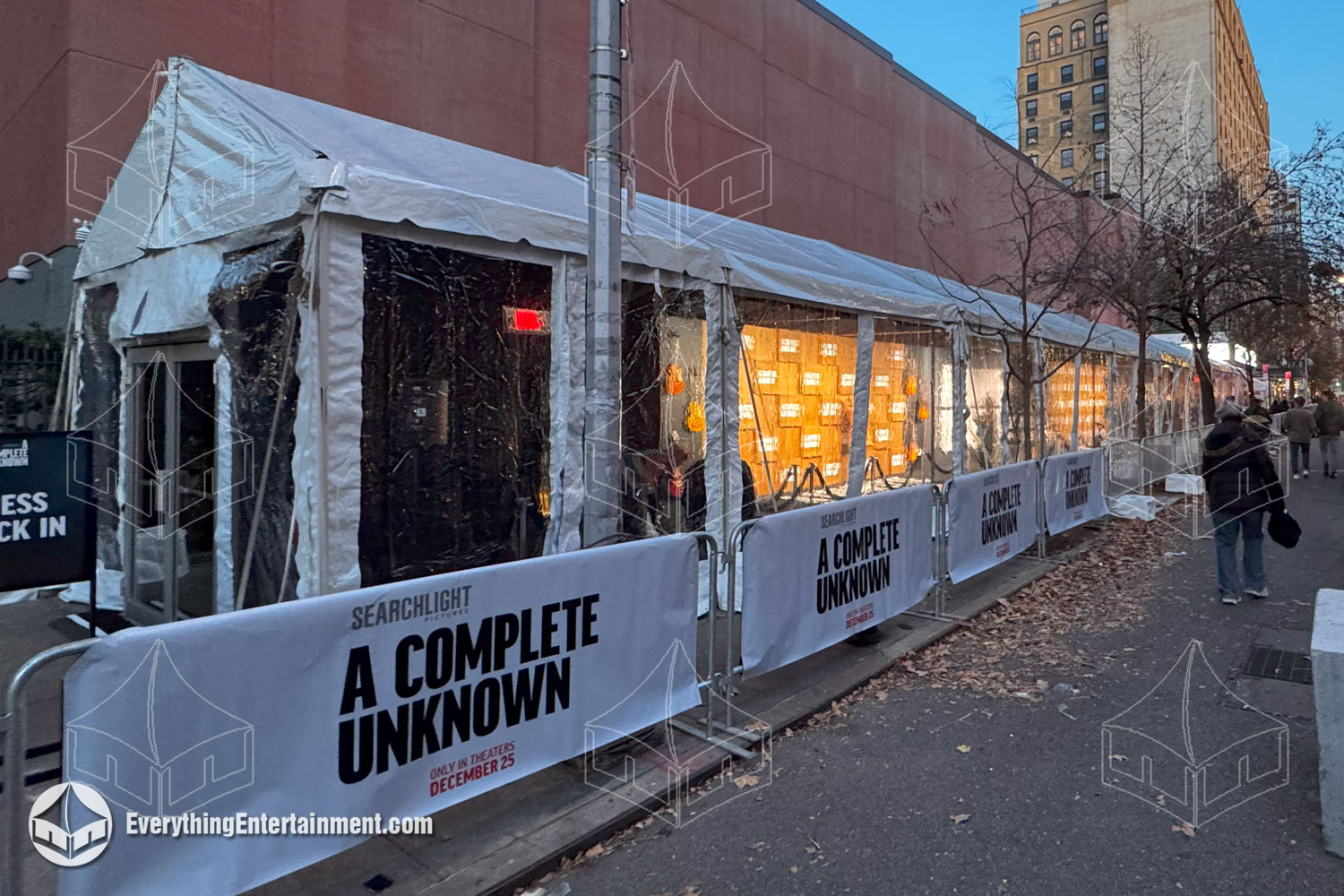 A stunning exterior setup for a movie premiere at the SVA Theater, showcasing how Everything Entertainment protects red-carpet events.