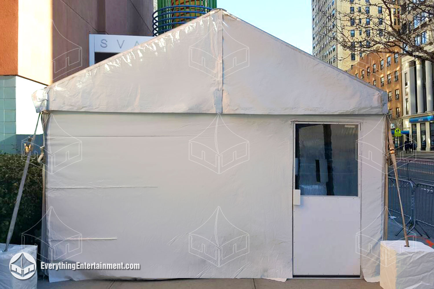 single tent door on a 15-foot wide tent with white tent walls