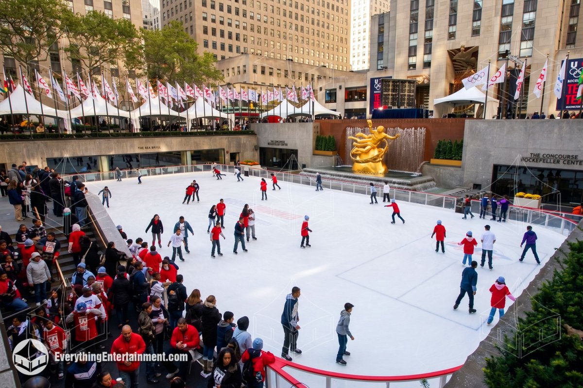 Overview of high peak tents installed along the upper plaza overlooking skaters at the Rockefeller Center ice rink by Everything Entertainment.