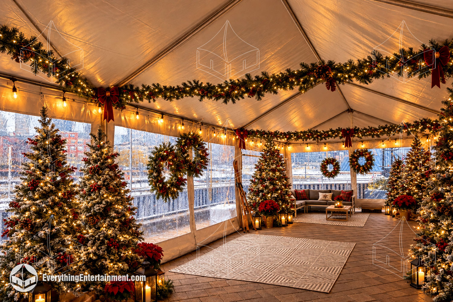 Holiday event tent rental with lighting, tables, and seating for a winter party in New York or New Jersey.